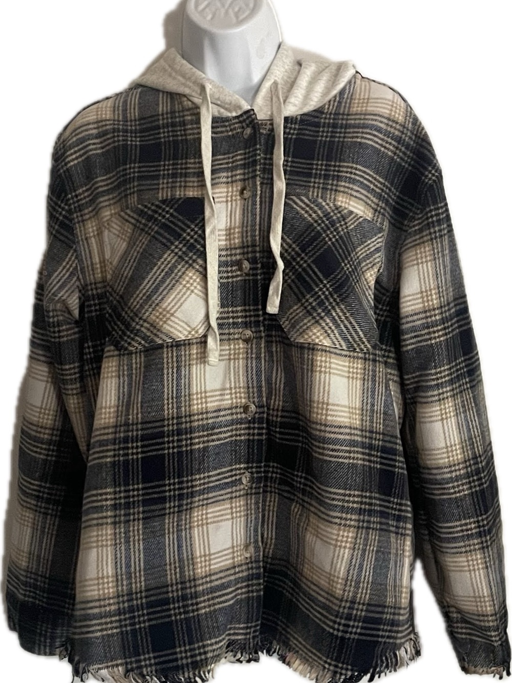 Wallflower Navy Cream Plaid Hooded Button-Down Shirt Jacket